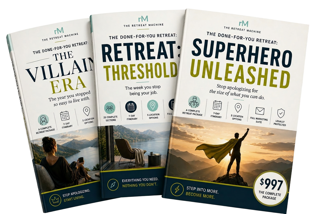 Three Done-For-You Retreat books: The Villain Era, Threshold, Superhero Unleashed